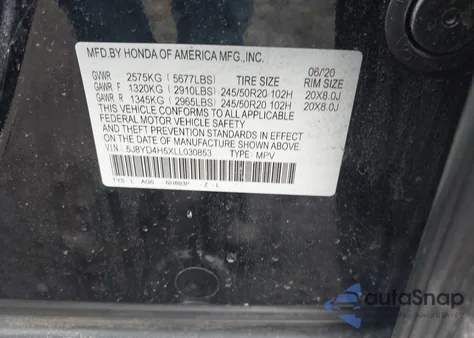 2020 Acura Mdx Technology Package z USA, uszkodzony, nr VIN 5J8YD4H5XLL030853